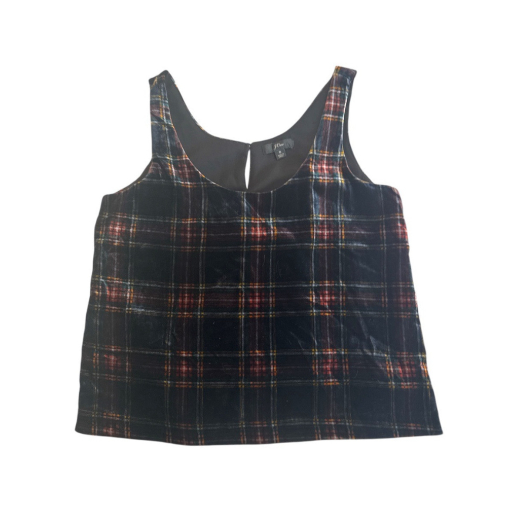 J Crew Black Velvet Plaid Camisole Tank Top Holiday Preppy Size 6 Dark Academia